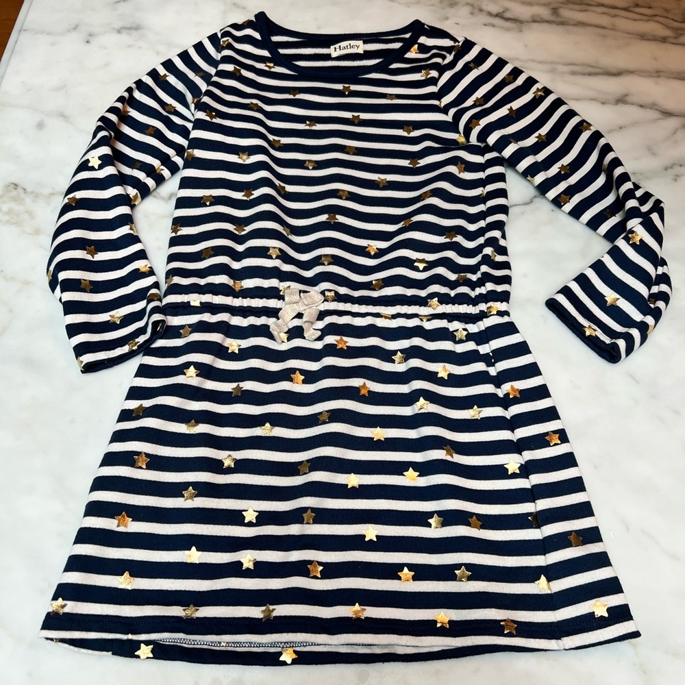 Hatley Navy and White Striped Dress with Gold Stars